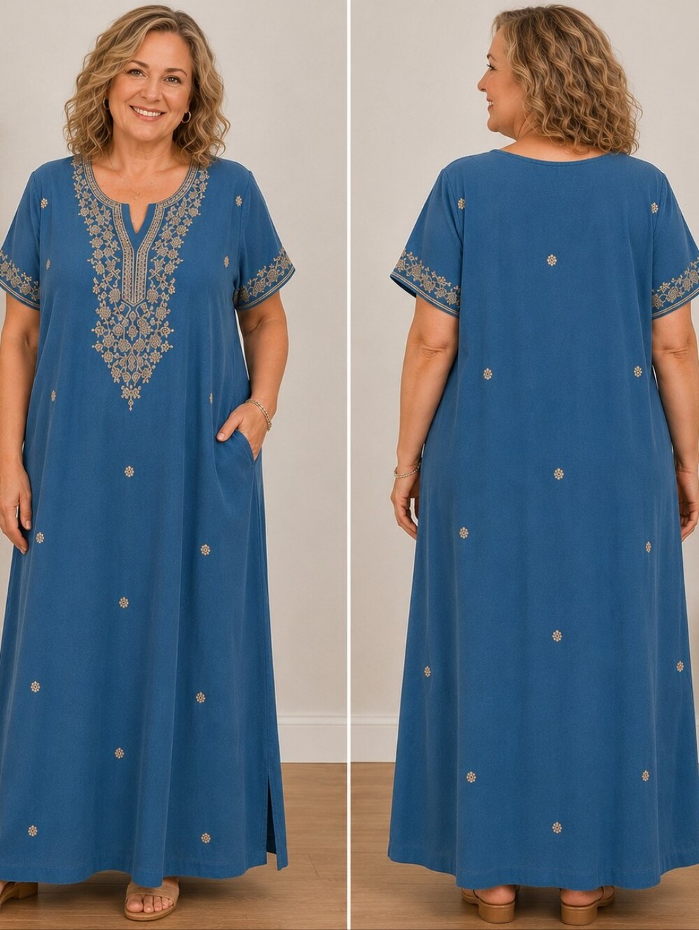 Gypsy Rose Stitch Crafts Embroidered Caftan Dress Size 36 Blue Boho Maxi Pocket